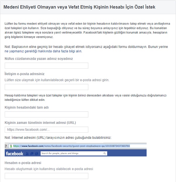 Facebook vefat özel talep formu