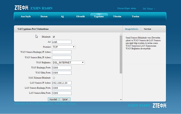 ZTE H168N port açma işlemi (Resimli anlatım)